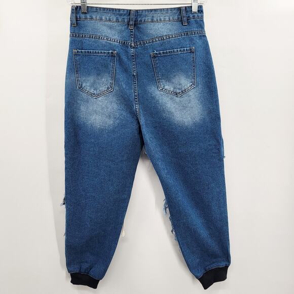 MISSLOOK Blue Asymmetrical Distressed Jeans Button Fly Jogger Style Women's L - Picture 3 of 7